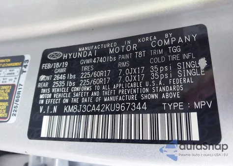 2019 Hyundai Tucson Value z USA, uszkodzony, nr VIN KM8J3CA42KU967344